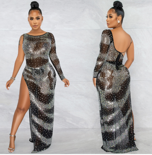 Glam Night Drilled Sleeve Asymmetrical Maxi