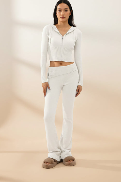Women’s Knitted Hooded Two-Piece Set – Cardigan & High-Waisted Pants Suit