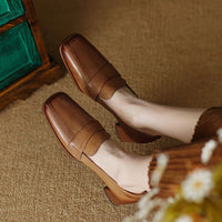 Zapatos de tacón grueso de piel de oveja con punta cuadrada para mujer – Zapatos de vestir de tacón alto retro