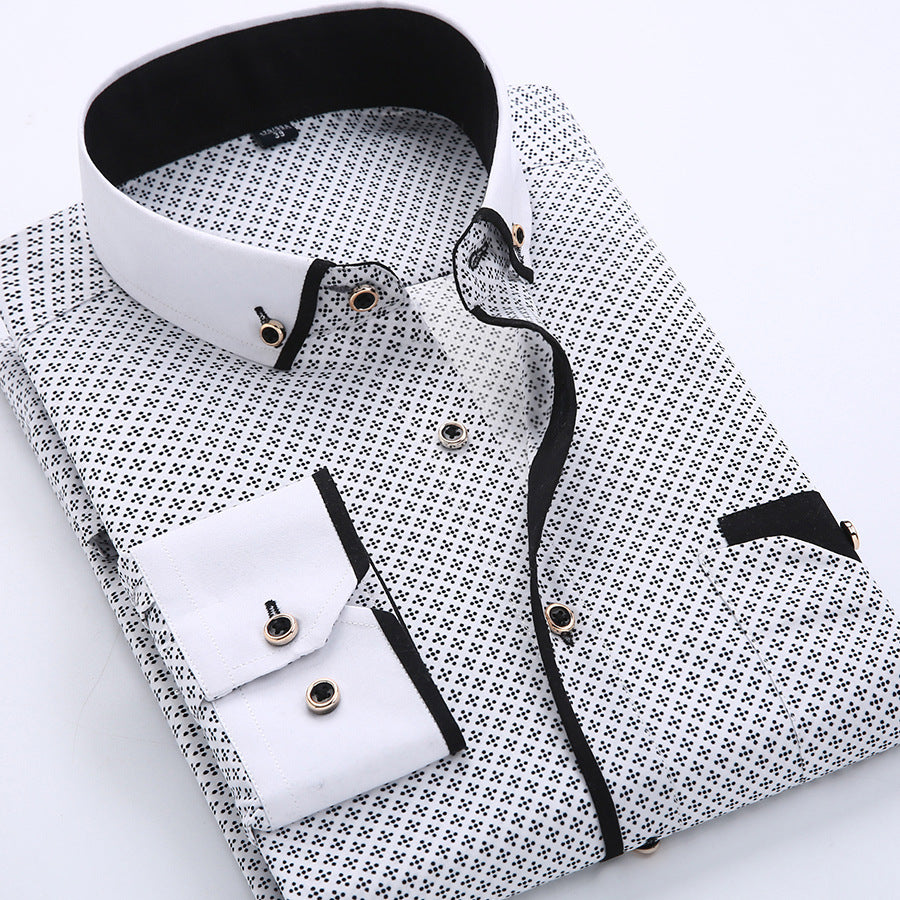 Mandotos International slim-fit men's long-sleeved business shirt with black patterned print.