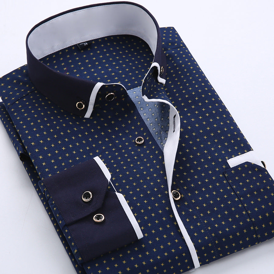 Mandotos International men's slim-fit navy blue long-sleeved shirt with gold star print.