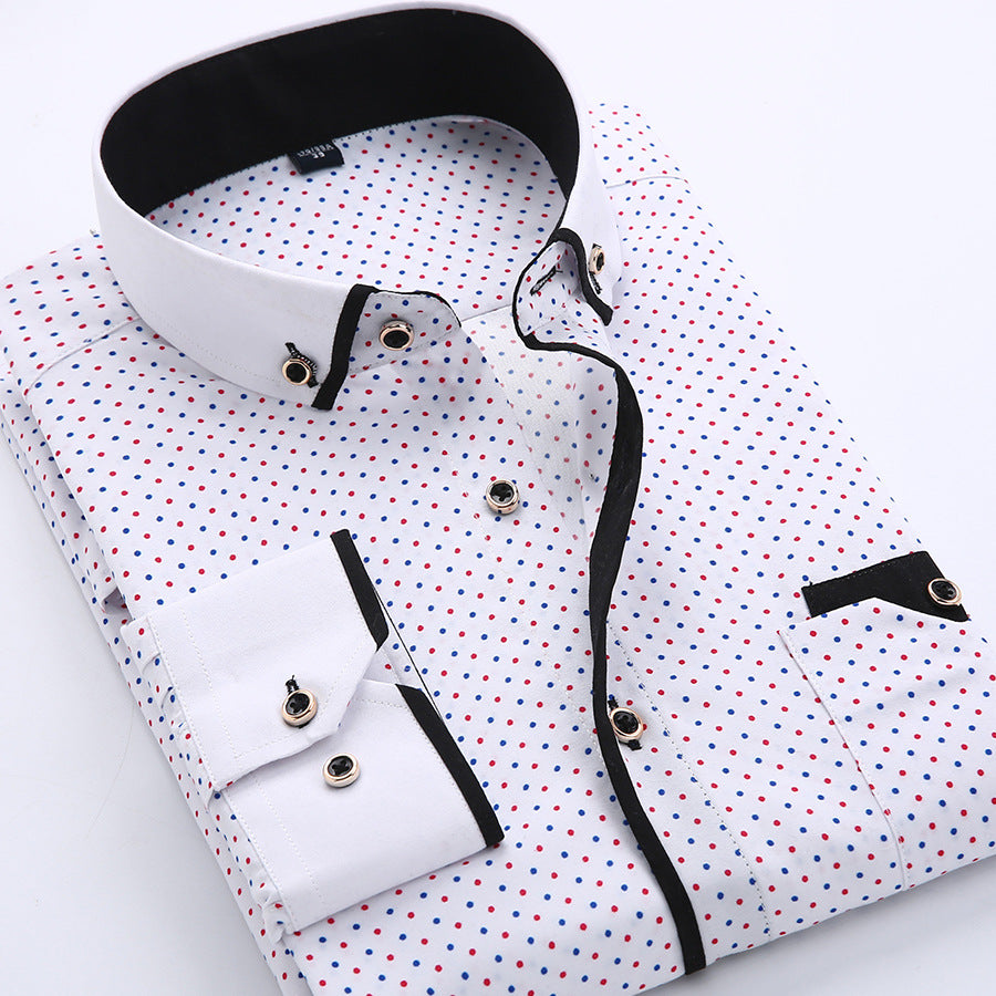 Mandotos International men's slim-fit white long-sleeved shirt with red and blue polka dots.