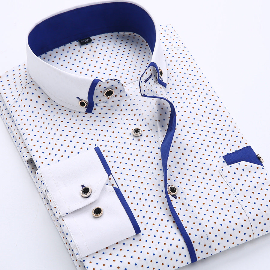 Mandotos International slim-fit men's business dress shirt with blue polka dot pattern