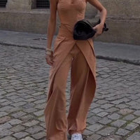 Spaghetti Strap Corset Top & Wide-Leg Pants Set – Camel, XS–2XL