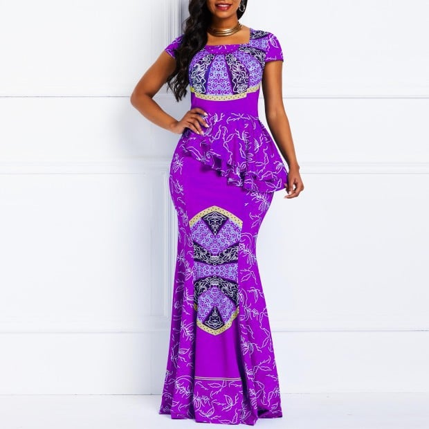 Woman wearing a purple Mandotos International Euro-American chic print maxi dress