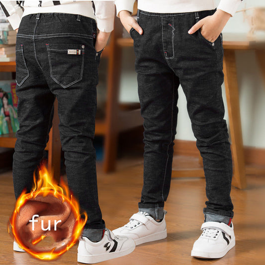 Children's boys' jeans with thick fleece lining, warm winter casual wear by Ancient Energy, showing front view of the denim pants.