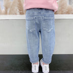 Girls' casual thin love stretch jeans by Ancient Energy, showing a close-up of the lightweight denim fabric and classic five-pocket style.