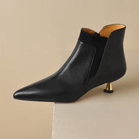 Women's Genuine Leather Kitten Heel Ankle Boots – Pointed Toe Side Zip
