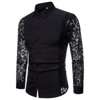 Men's classic black long-sleeve shirt with lace sleeves and side panels by Mandotos International