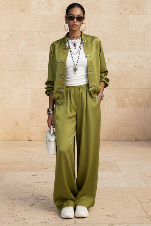 Women's Satin Two-Piece Set — Frog Button Jacket & Wide Leg Pants