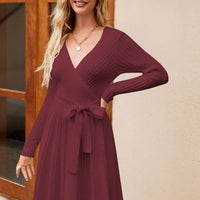Women's Wrap A-Line Knit Dress Long Sleeve