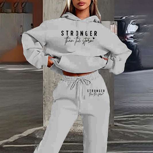 Conjunto de dos piezas sólido para mujer, sudadera con capucha con estampado de letras y bolsillo