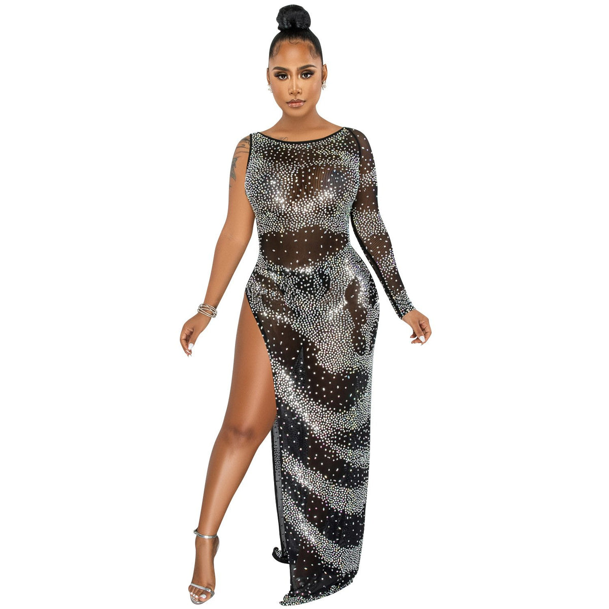 Glam Night Drilled Sleeve Asymmetrical Maxi