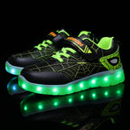 Kids' LED USB rechargeable glowing shoes in size 26-37 by Ancient Energy with hook loop straps and illuminated soles.