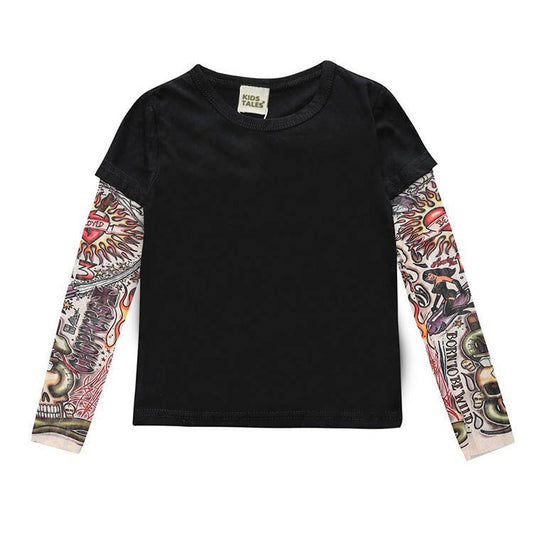 Ancient Energy tattoo boy t-shirt featuring a graphic design of a boy with tattoo-style artwork on the front.