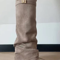 Women's Slouchy Pleated Mid-Calf Boots – Pointed Toe Chunky Heel Faux Suede
