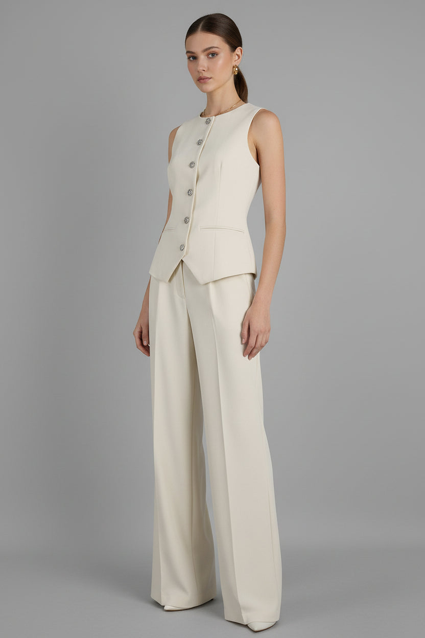 Conjunto de Chaleco Elegante Sin Mangas y Pantalones de Pierna Ancha para Mujer – 2 Piezas de Oficina