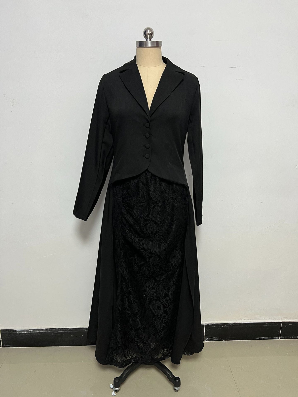 Vestido de dos piezas de manga larga para mujer con cuello de encaje chic
