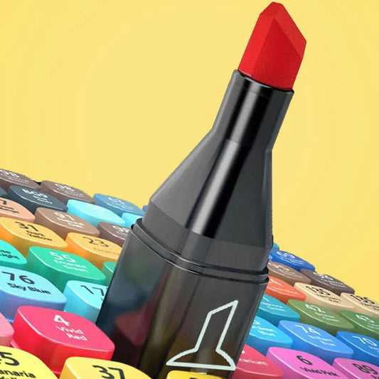 Colorful dual-tip art markers in black carrying case, ideal for drawing and illustration projects