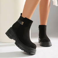 Women's Chunky Platform Ankle Boots – Block Heel Faux Suede & PU Side Zip
