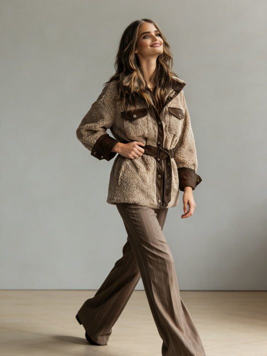 Chaqueta de cuero PU vintage para mujer – Abrigo de invierno con forro de piel de cordero