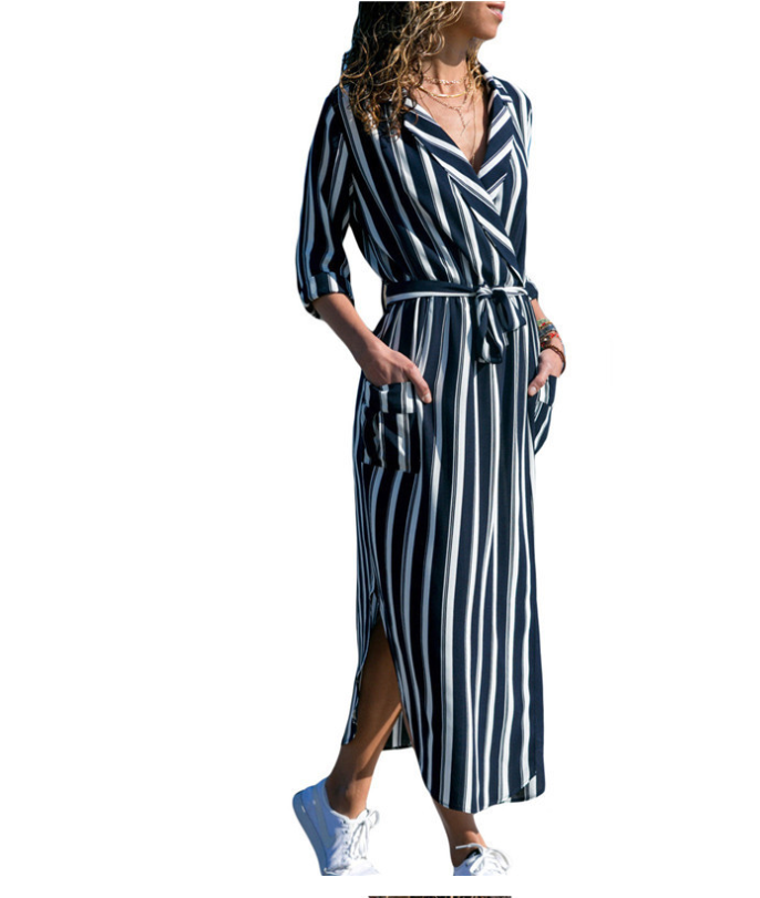 Mandotos International chic V-neck high-waist printed maxi dress with vertical stripes.