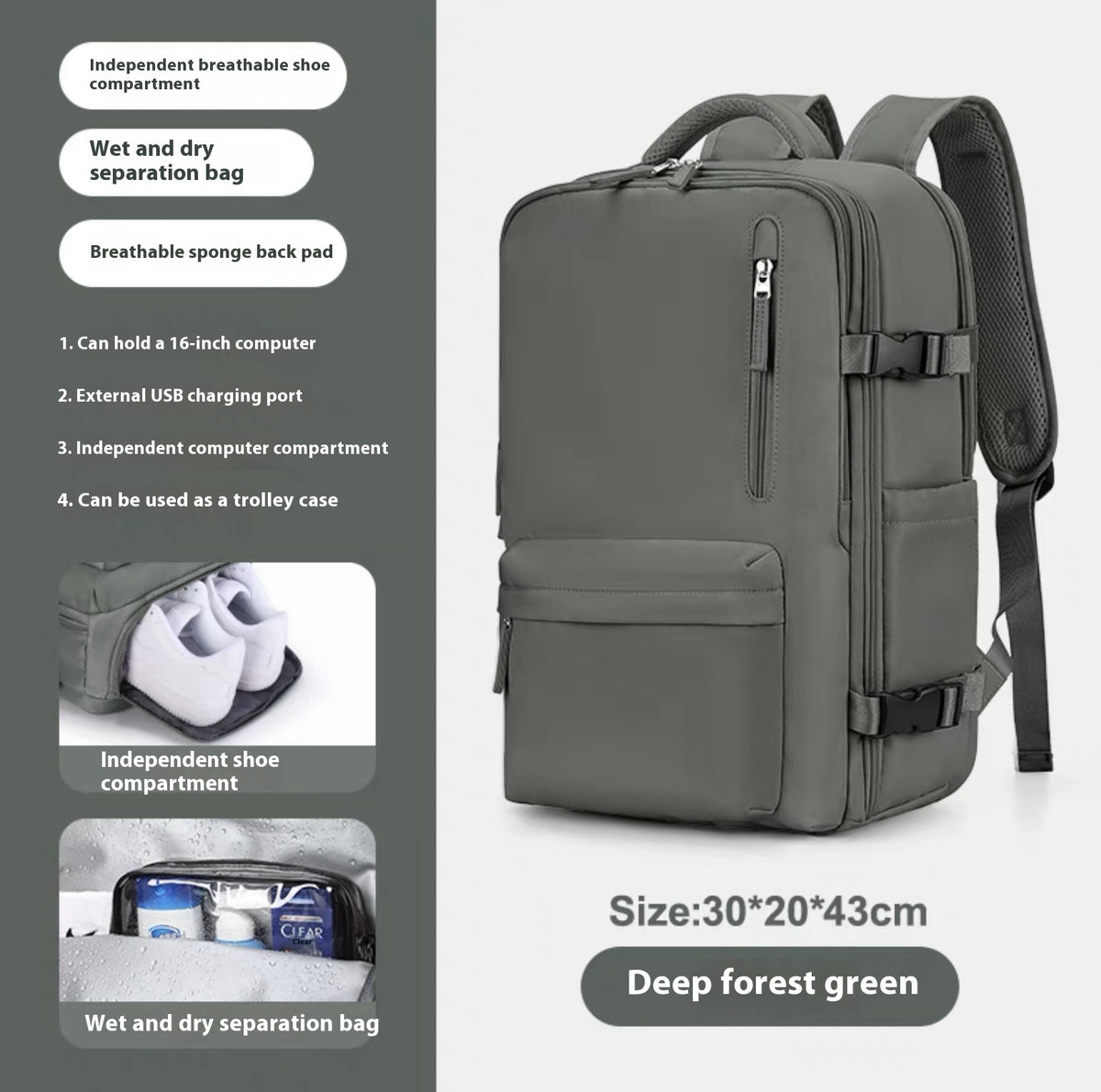 Ancient Energy large capacity travel backpack with multiple compartments, suitable for students and school use, in black with padded straps.