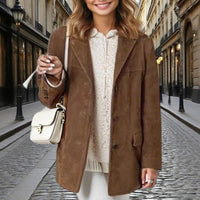 Chaqueta tipo blazer con apariencia de ante — Solapa con muesca en V, abrigo informal con botones delanteros