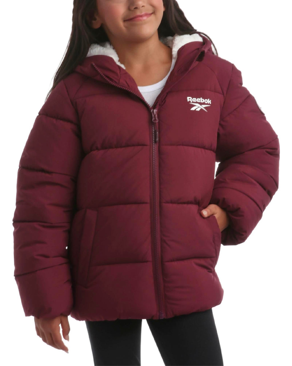 Reebok Girls' Maroon Winter Ski Parka – Quilted & Sherpa-Lined