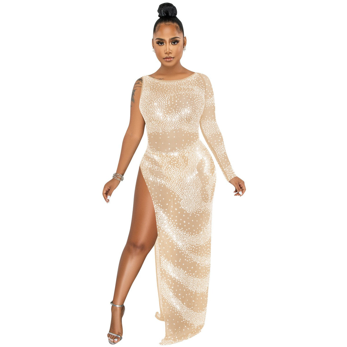 Glam Night Drilled Sleeve Asymmetrical Maxi