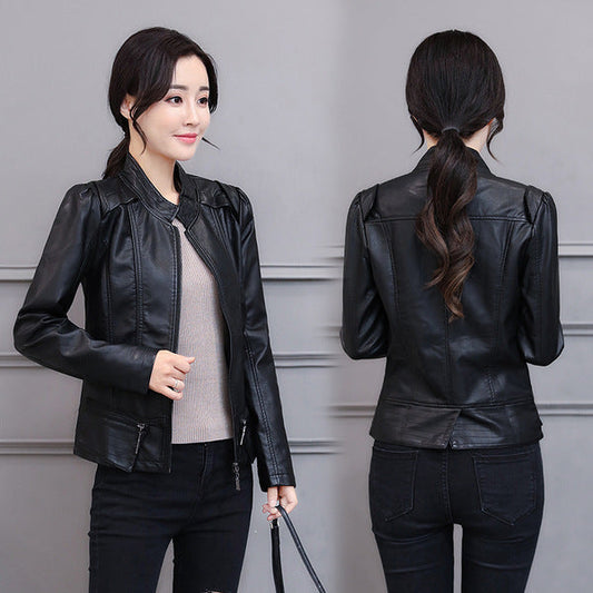 Chaqueta de cuero para moto de corte ajustado estilo coreano — Cuello mao