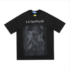 Black Mandotos International Urban Graffiti Print Tee with 'SACREDNESS' text and graphic print