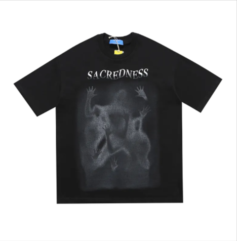 Black Mandotos International Urban Graffiti Print Tee with 'SACREDNESS' text and graphic print