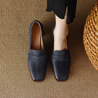Zapatos de tacón grueso de piel de oveja con punta cuadrada para mujer – Zapatos de vestir de tacón alto retro
