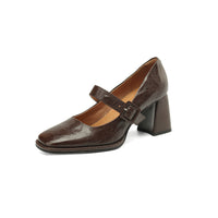Zapatos de tacón Mary Jane de piel de oveja para mujer – Zapatos de tacón grueso con puntera cuadrada y hebilla