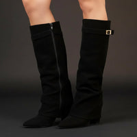 Women's Slouchy Pleated Mid-Calf Boots – Pointed Toe Chunky Heel Faux Suede