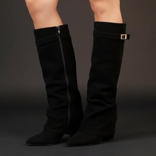 Women's Slouchy Pleated Mid-Calf Boots – Pointed Toe Chunky Heel Faux Suede
