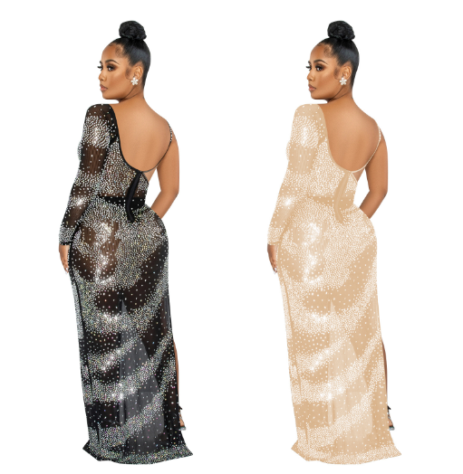 Glam Night Drilled Sleeve Asymmetrical Maxi