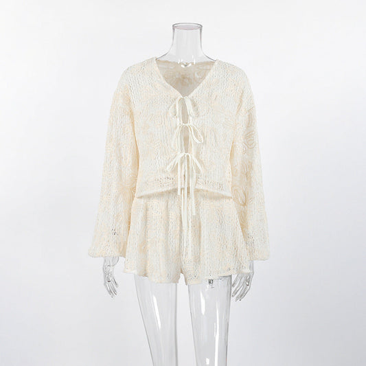 V-Neck Long Sleeve Lace-Up Top & Shorts Two-Piece Set