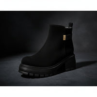 Women's Chunky Platform Ankle Boots – Block Heel Faux Suede & PU Side Zip