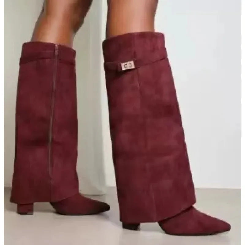 Women's Slouchy Pleated Mid-Calf Boots – Pointed Toe Chunky Heel Faux Suede