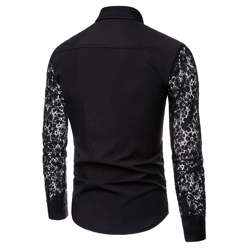 Camisa de hombre clásica negra con cuello de encaje