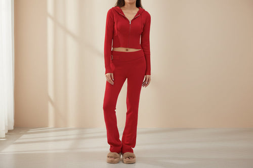 Women’s Knitted Hooded Two-Piece Set – Cardigan & High-Waisted Pants Suit