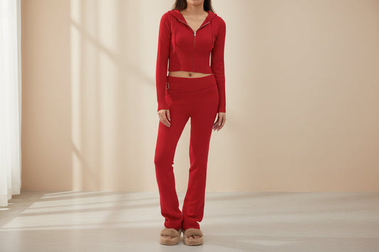 Women’s Knitted Hooded Two-Piece Set – Cardigan & High-Waisted Pants Suit