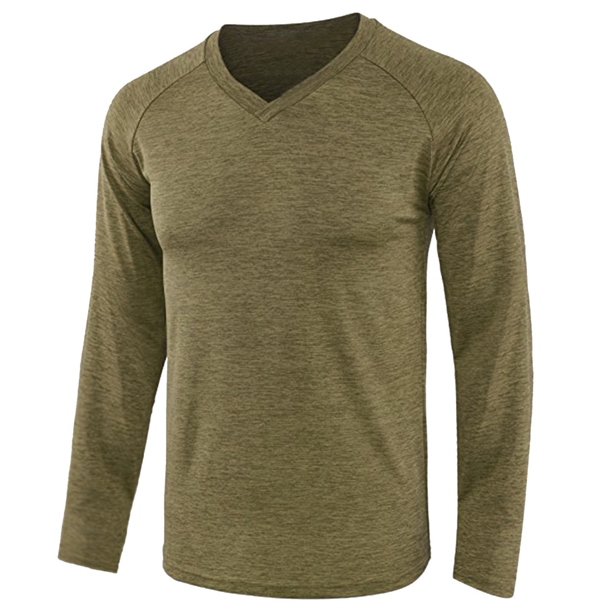 Mandotos International Men's Essential Long Sleeve Raglan Tee in olive green v-neck.