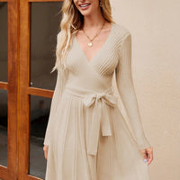Women's Wrap A-Line Knit Dress Long Sleeve