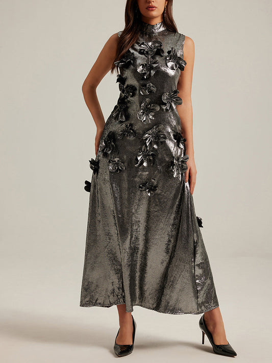🌸 Three-Dimensional Floral Sleeveless A-Line Dress