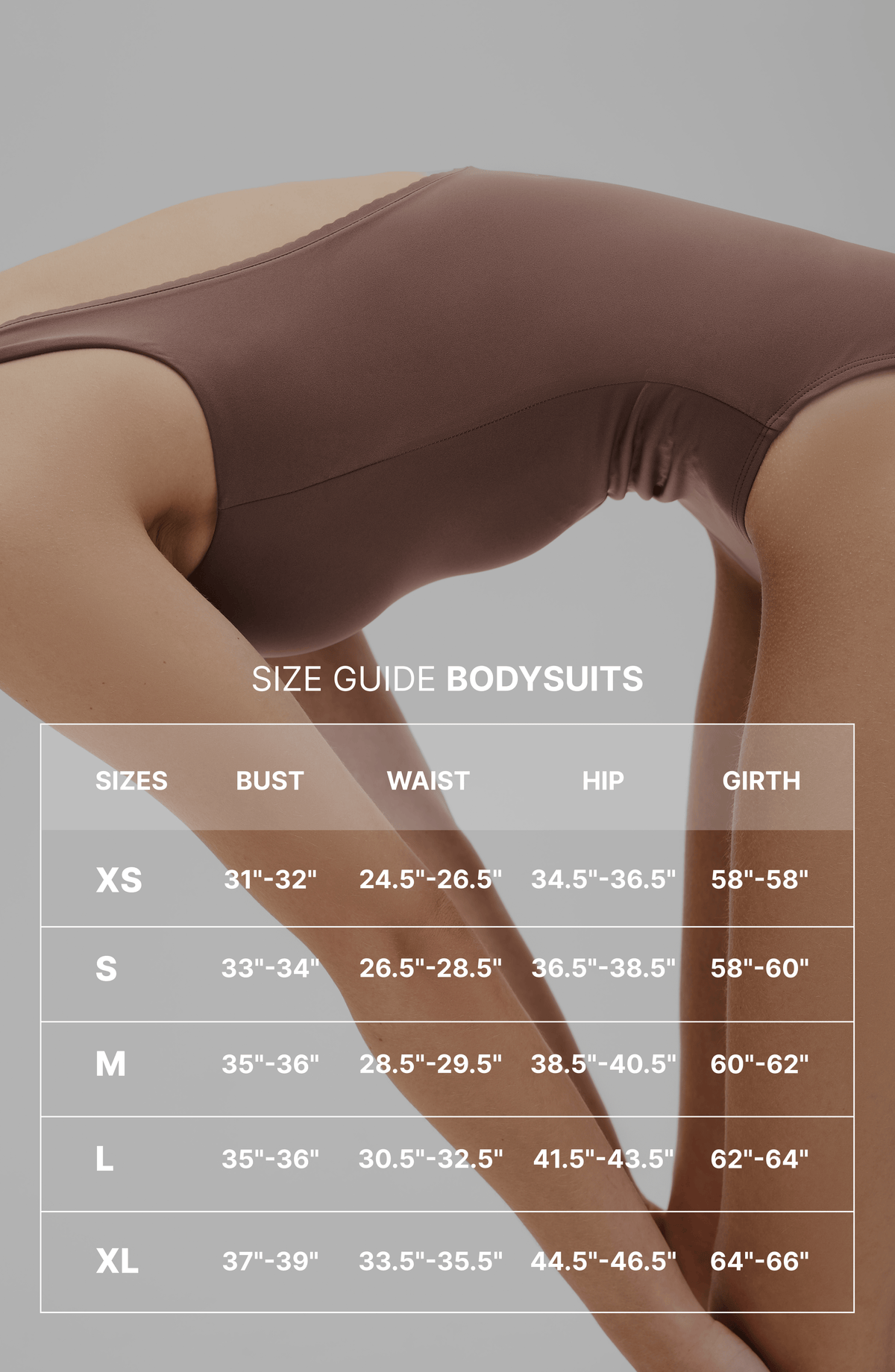Bodysuit size guide chart with measurements for XS to XL, featuring a model in brown bodysuit