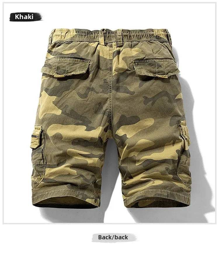 Men's khaki camouflage outdoor cargo shorts with stretch fabric and multiple pockets.