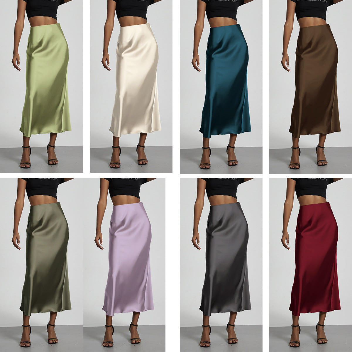 Elegant satin midi skirts in various colors including sage, cream, teal, brown, and burgundy.